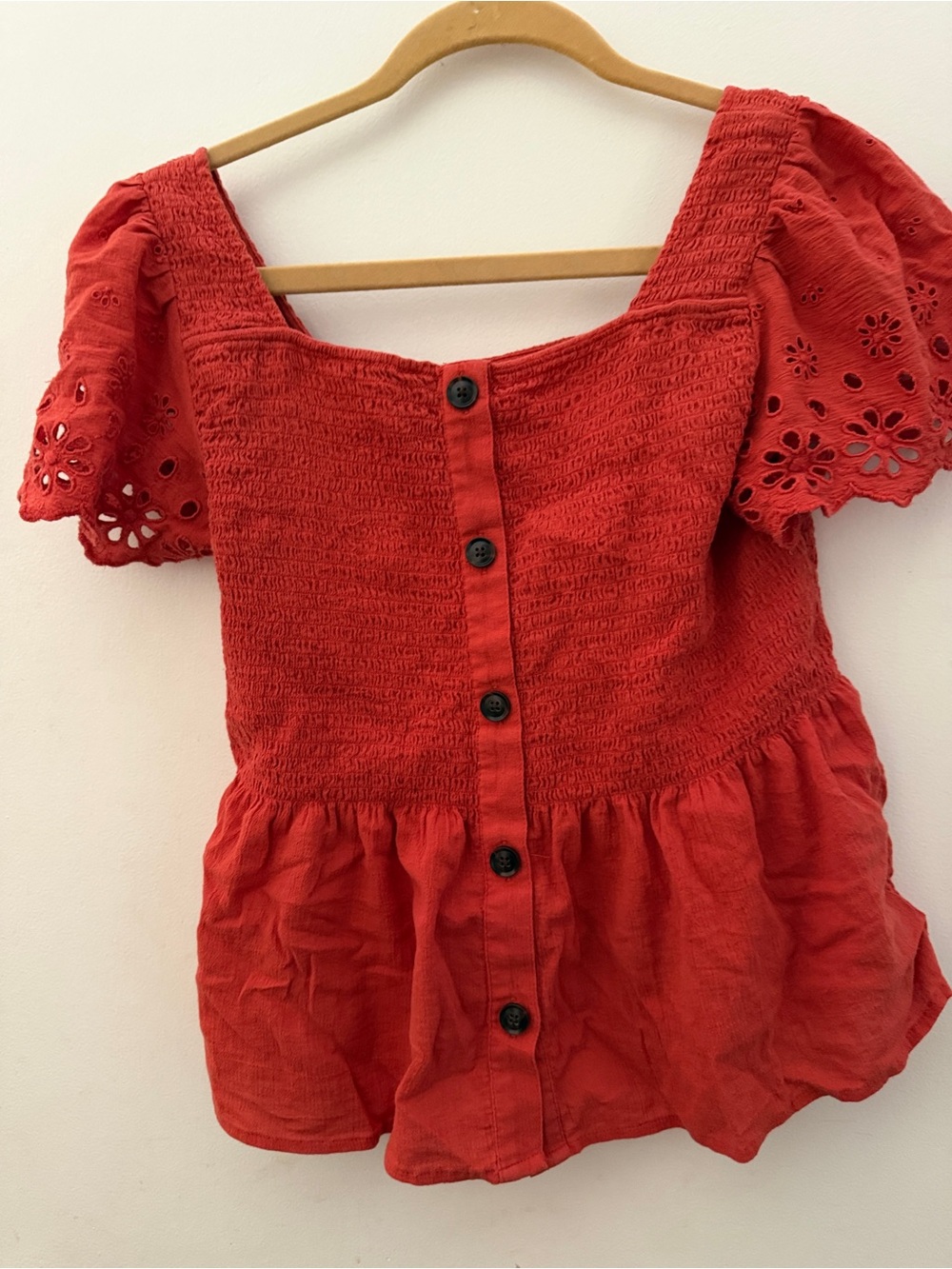 Madewell Red Smocked Eyelet Puff-Sleeve Blouse